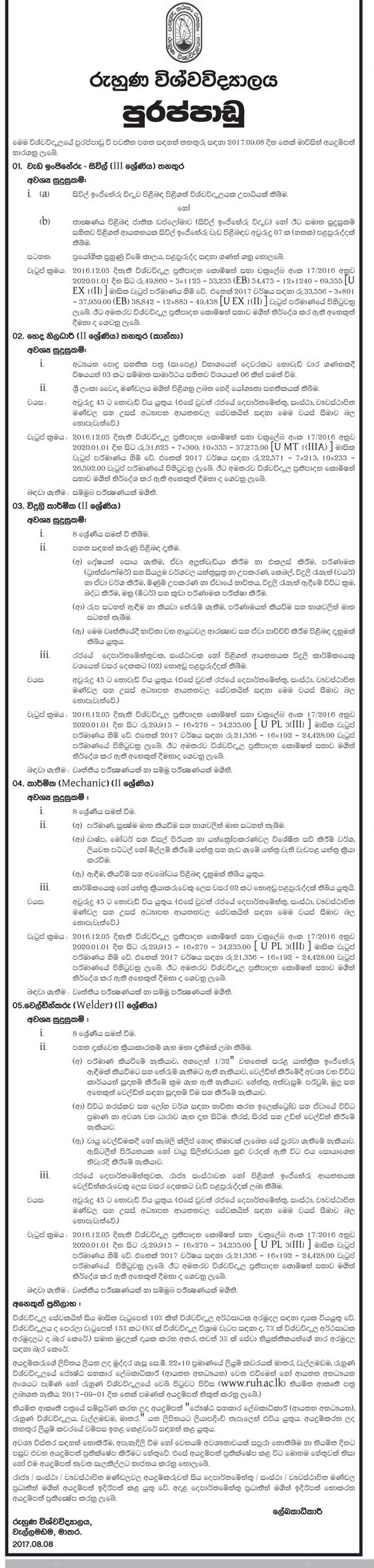 Works Engineer (Civil), Nursing Officer, Electrician, Mechanic, Welder - University of Ruhuna